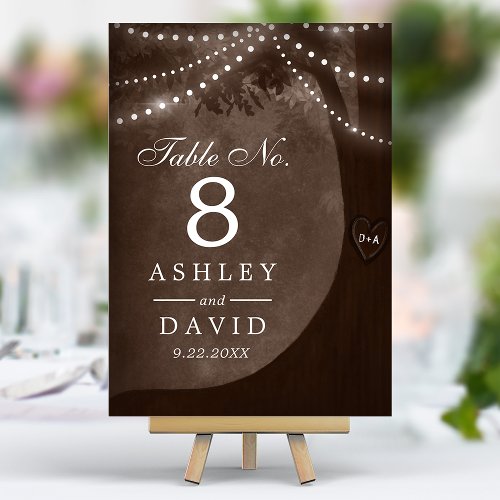 Rustic Tree String Lights Carved Initials Brown Table Number