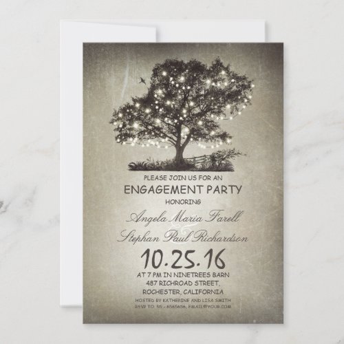 Rustic tree &amp; string lights engagement party announcements