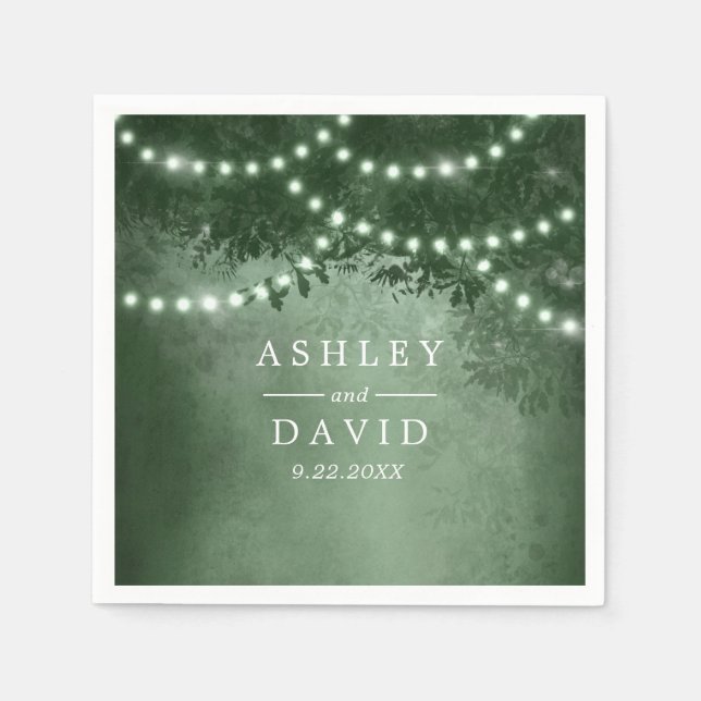Rustic Tree String Lights Green Wedding Napkins (Front)