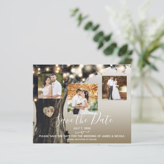 Rustic Tree & String Lights Photo Save the Date (Standing Front)