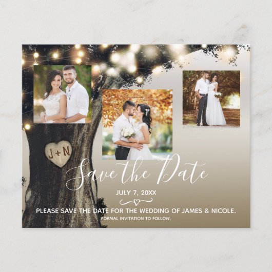 Rustic Tree & String Lights Photo Save the Date (Front)