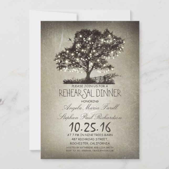 Rustic tree & string lights rehearsal dinner invitation (Front)