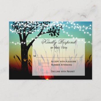Rustic Tree String Lights Sunset Wedding Rsvp Card by RusticCountryWedding at Zazzle