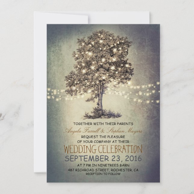 Rustic tree & string lights wedding invitations (Front)