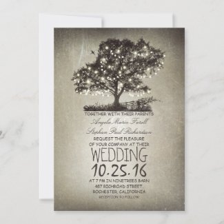 Rustic tree & string lights wedding invitations