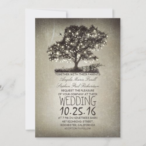 Rustic tree &amp; string lights wedding invitations