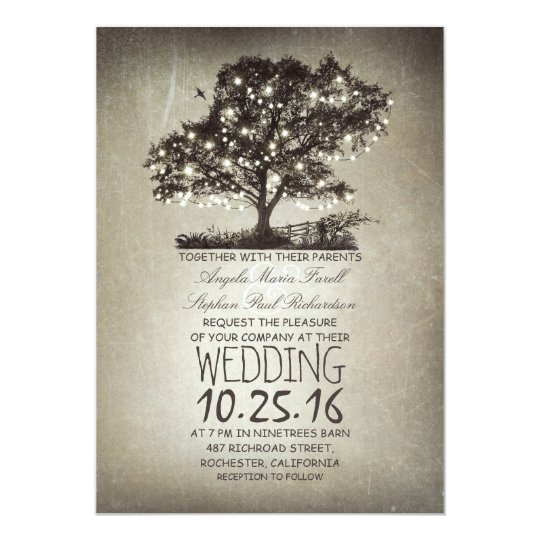 Rustic tree & string lights wedding invitations Zazzle