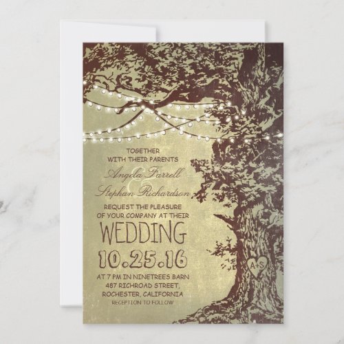 Rustic tree &amp; string lights wedding invitations