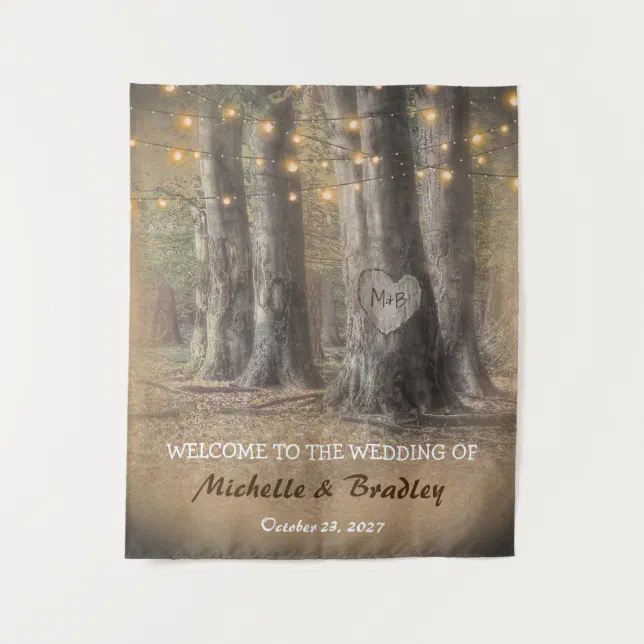 Rustic Tree & String Lights Wedding Tapestry | Zazzle