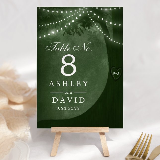 Rustic Tree String Of Lights Carved Initials Green Table Number (Creator Uploaded)