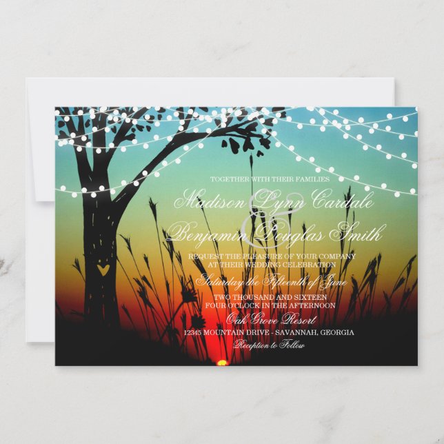 Rustic Tree String of Lights Sunset Wedding Invite (Front)