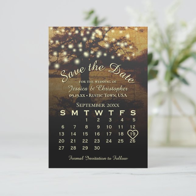 Rustic Tree with Lights Elegant Wedding Calendar Save The Date (Standing Front)