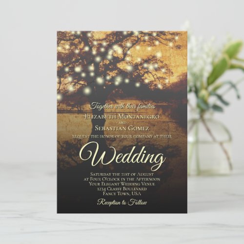 Rustic Tree with Strings of Lights Elegant Wedding Invitation