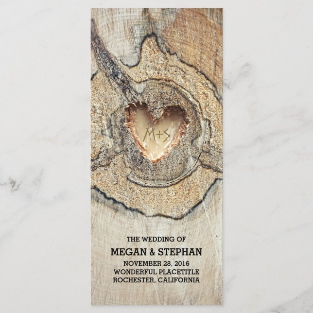 rustic tree wood heart carving wedding program (Front)