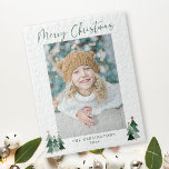 Rustic Trees Minimalist Modern Christmas Photo Jigsaw Puzzle<br><div class="desc">Cute, Modern yet Rustic Christmas Holiday Photo Puzzle featuring adorable little forests of rustic Christmas trees and Merry Christmas in modern typography on a soft modern pastel color palette of forest and sage green. Add your favorite photos and a custom greeting for the perfect holiday puzzle! Perfect for your minimalist...</div>