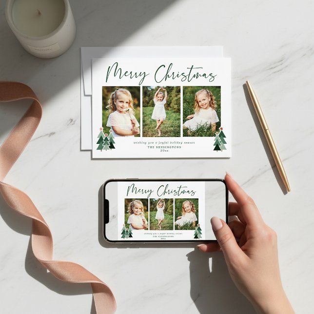 Rustic Trees Modern Christmas Holiday 3 Photo Card (Rustic Trees Modern Christmas Holiday 3 Photo Cards)