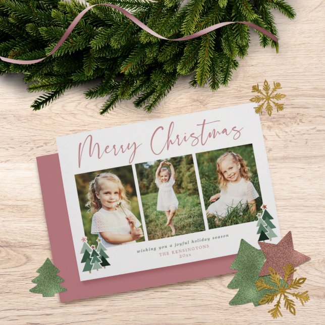 Rustic Trees Modern Christmas Holiday 3 Photo Card (Creator Uploaded)