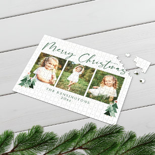 Rustic Trees Modern Christmas Holiday 3 Photo Jigsaw Puzzle