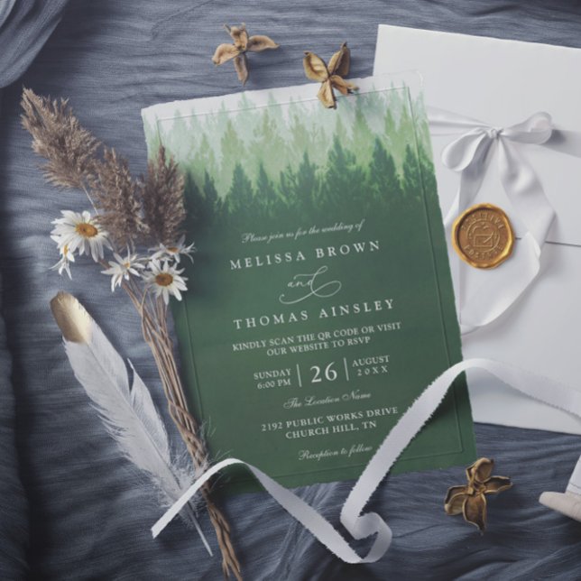 Rustic Trees Pine Forest  Elegant QR Code Wedding Invitation (Creator Uploaded)
