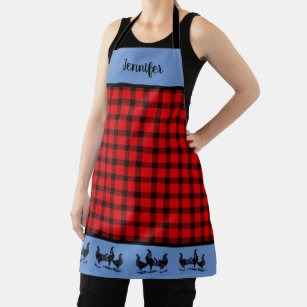 Rustic trendy chickens buffalo plaid monogram name apron