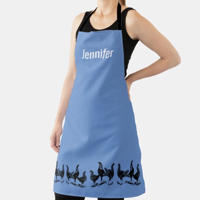 Rustic trendy chickens on blue monogram name apron (Insitu)