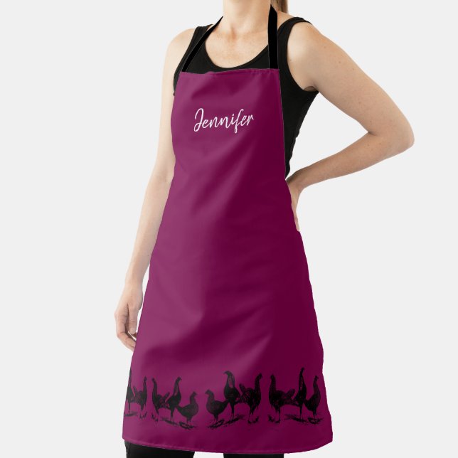 Rustic trendy chickens on wine color monogram name apron (Insitu)