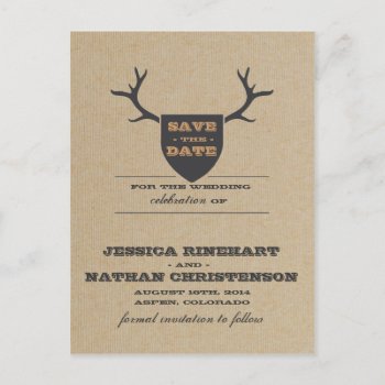 Rustic Trophy Gray Save The Date Announcement Postcard by envelopmentswedding at Zazzle