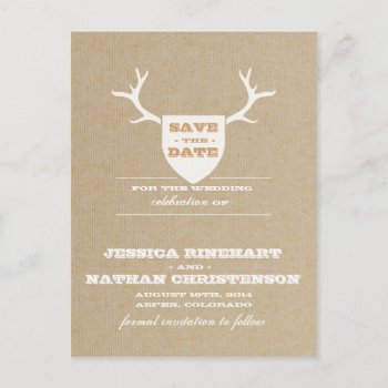 Rustic Trophy White Save The Date Announcement Postcard by envelopmentswedding at Zazzle