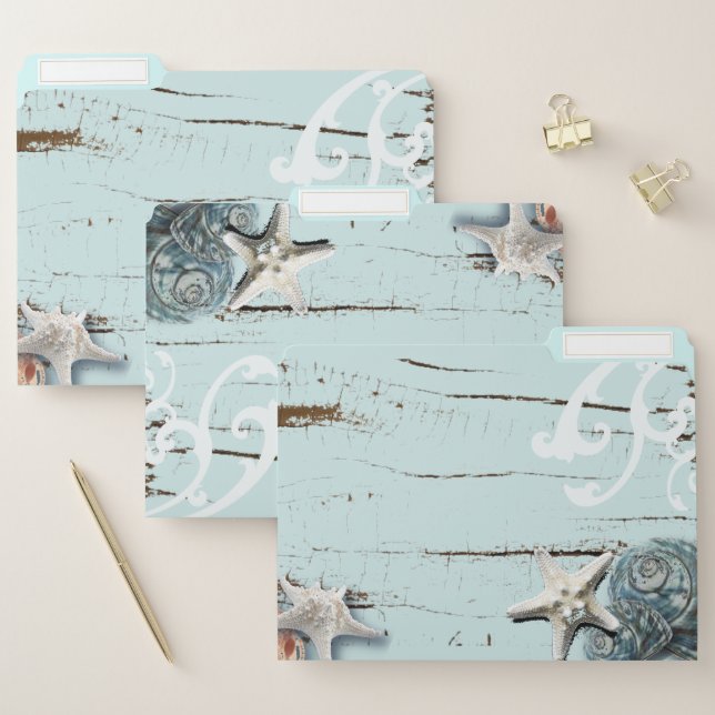 rustic tropical aqua blue seashell starfish beach file folder (Set)