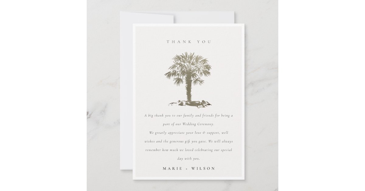 Rustic Tropical Beach Palm Tree Dark Gold Wedding Thank You Card | Zazzle
