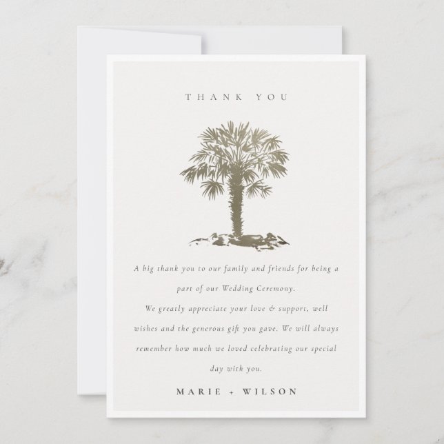 Rustic Tropical Beach Palm Tree Dark Gold Wedding Thank You Card (Front)