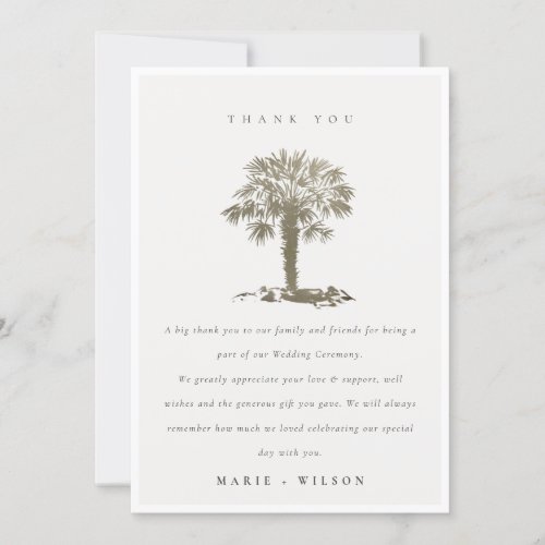 Rustic Tropical Beach Palm Tree Dark Gold Wedding Thank You Card