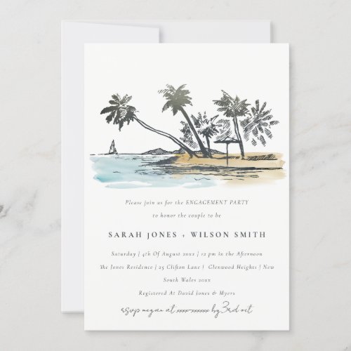 Rustic Tropical Beach Palm Tree Sketch Engagement Invitation