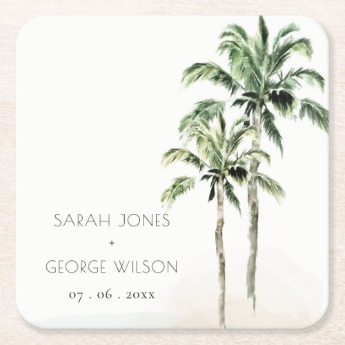 Rustic Tropical Beach Palm Tree Watercolor Wedding Square Paper Coaster