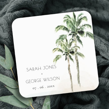 Rustic Tropical Beach Palm Tree Watercolor Wedding Square Paper Coaster by YellowFebPaperie at Zazzle