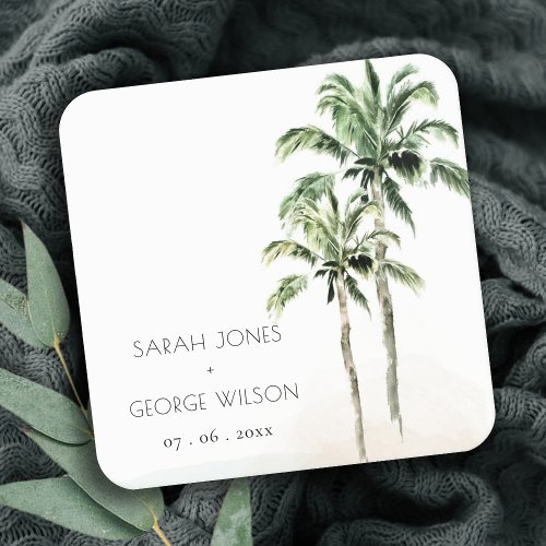 Rustic Tropical Beach Palm Tree Watercolor Wedding Square Paper Coaster