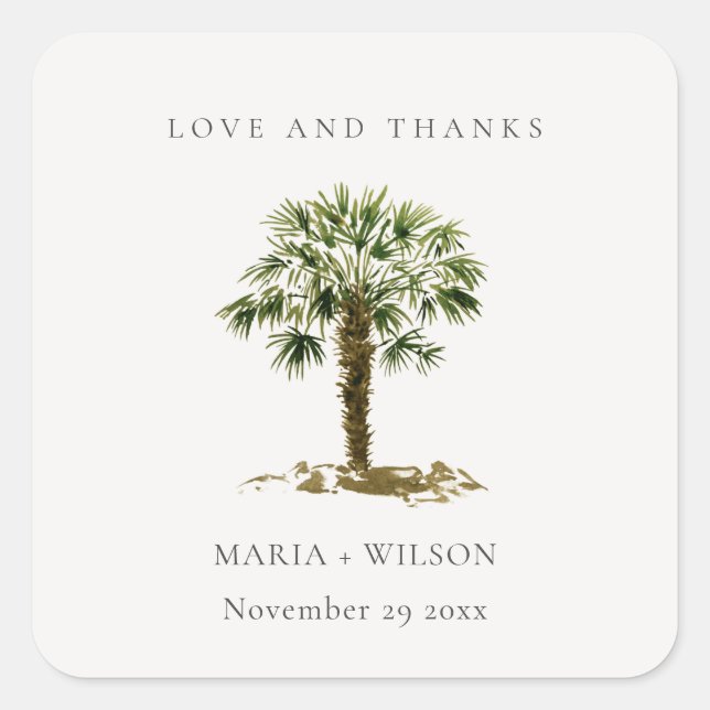 Rustic Tropical Beach Palm Tree Wedding Thanks Square Sticker (Front)