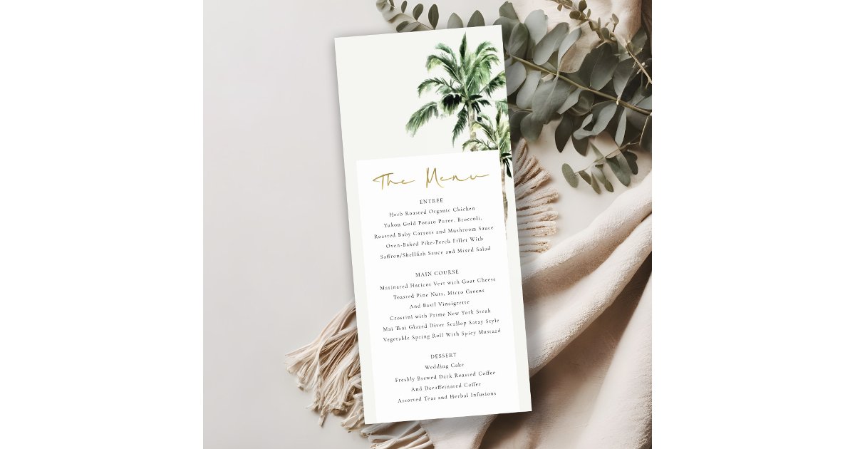 Rustic Tropical Beach Palm Trees Wedding Menu Card | Zazzle