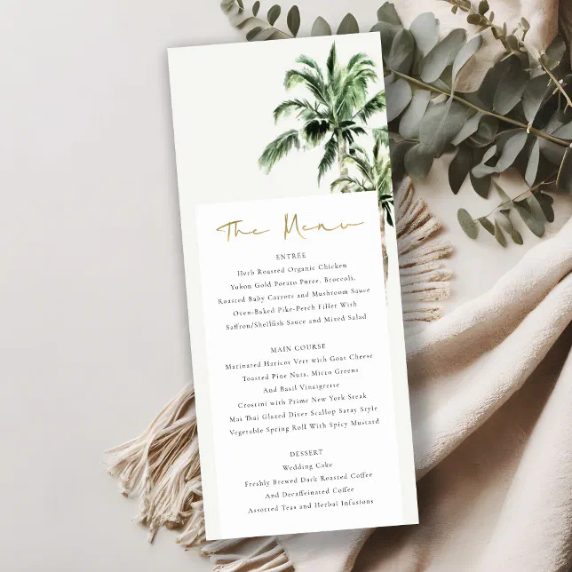 Rustic Tropical Beach Palm Trees Wedding Menu Card | Zazzle