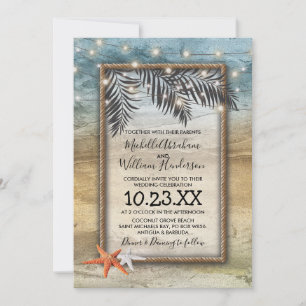 Rustic Tropical Beach Starfish Lights Wedding Invitation