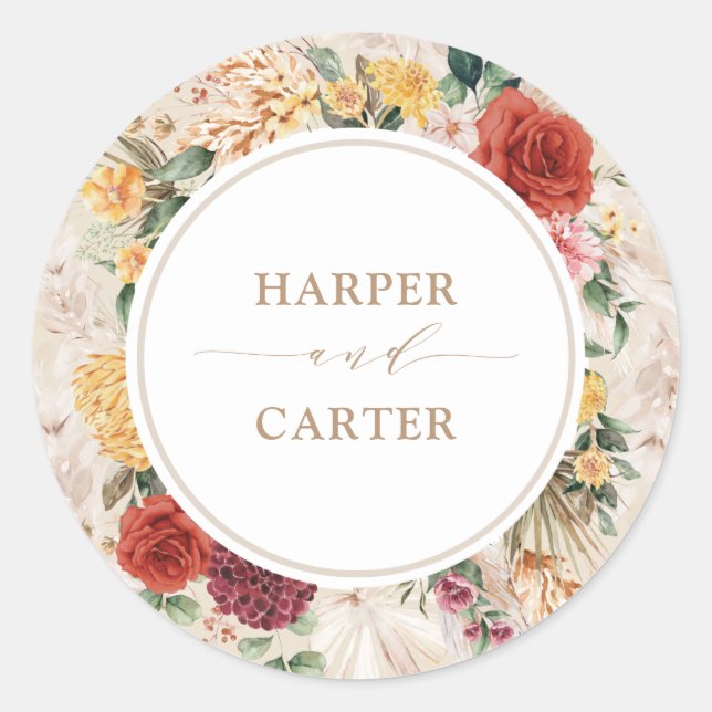 Rustic Tropical Boho Pampas Grass Floral Wedding Classic Round Sticker (Front)