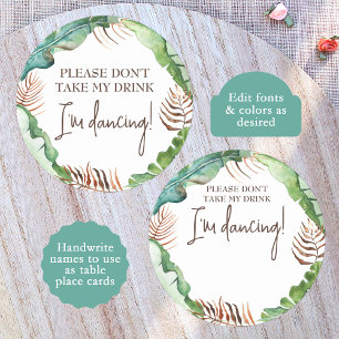 Rustic Tropical Brown, Green Place Card Name Tag Round Paper Coaster