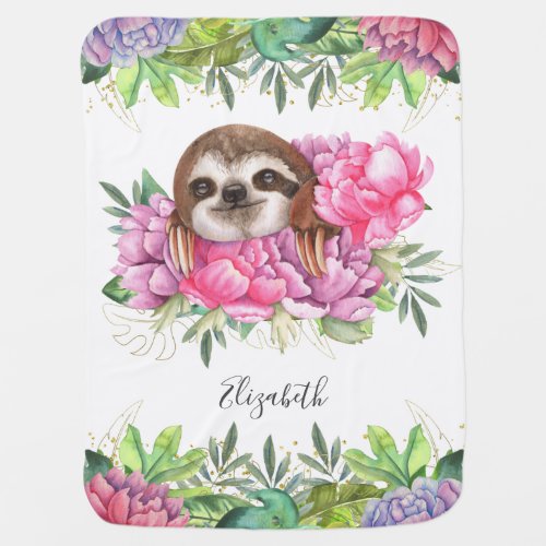 Rustic Tropical Cute Floral Adorable Sloth Baby Blanket