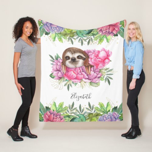 Rustic Tropical Cute Floral Adorable Sloth Fleece Blanket