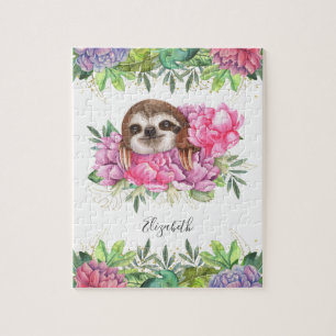 Rustic Tropical Cute Floral Adorable Sloth Name Jigsaw Puzzle