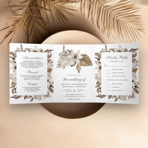 Rustic Tropical Dried Palm Leaves Floral Wedding Tri_Fold Invitation