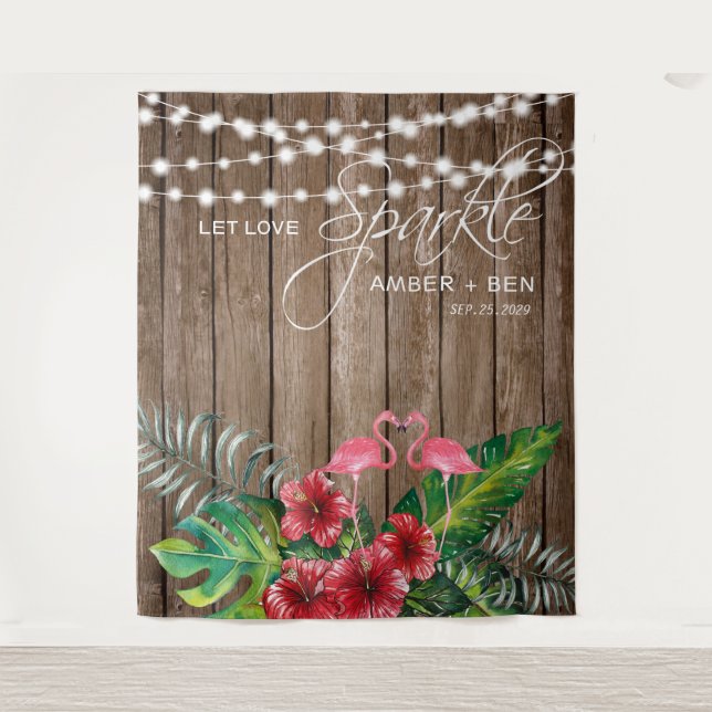 Rustic Tropical Flamingos String Lights Wedding Tapestry (Front)