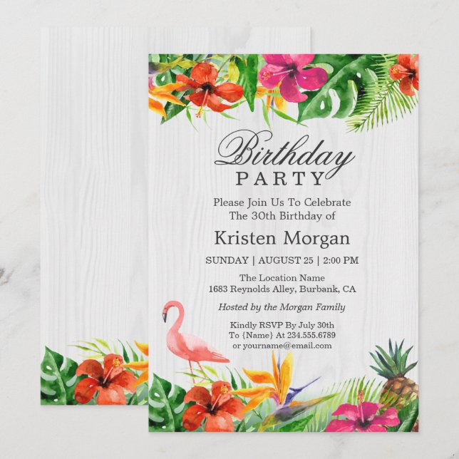 Rustic Tropical Floral Flamingo Birthday Party Invitation (Front/Back)