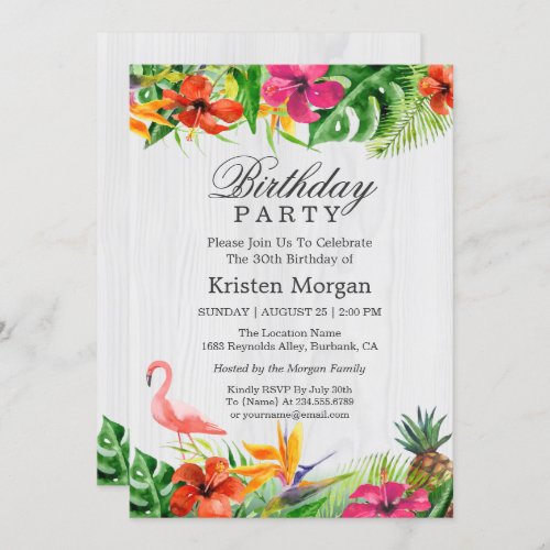 Rustic Tropical Floral Flamingo Birthday Party Invitation