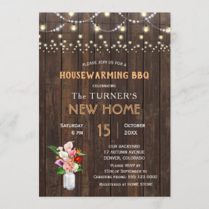 Rustic Tropical Flowers Wood Housewarming BBQ Invitation